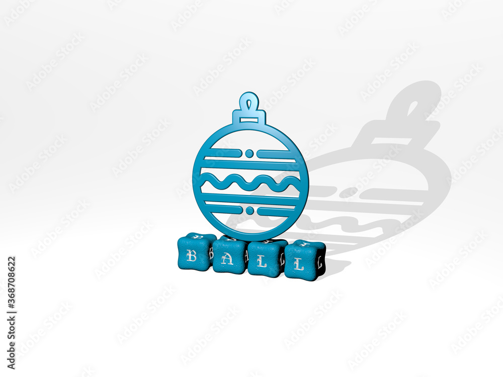 Poster 3d representation of ball with icon on the wall and text arranged by metallic cubic letters on a mir