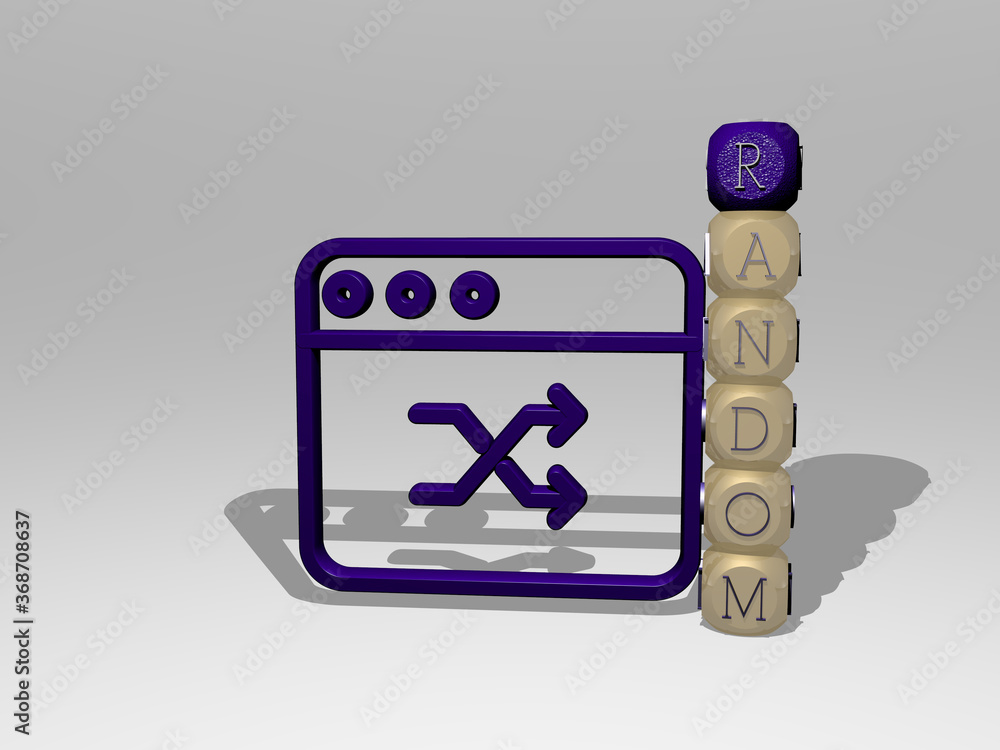 Poster 3d representation of random with icon on the wall and text arranged by metallic cubic letters on a m