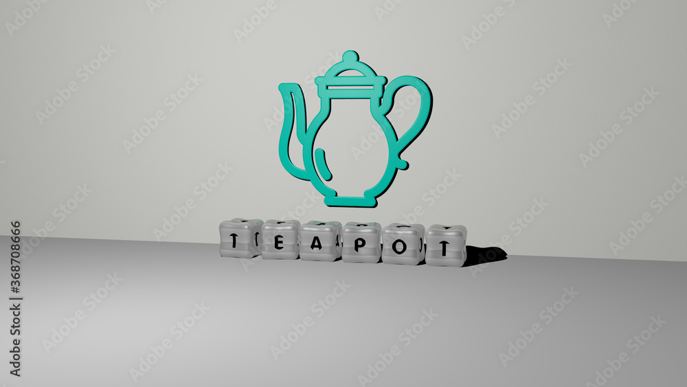 Poster 3d representation of teapot with icon on the wall and text arranged by metallic cubic letters on a m