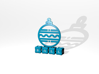 3D representation of ball with icon on the wall and text arranged by metallic cubic letters on a mirror floor for concept meaning and slideshow presentation. illustration and background