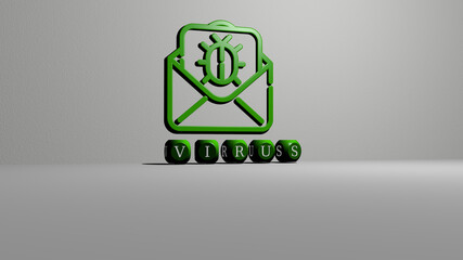 3D representation of virus with icon on the wall and text arranged by metallic cubic letters on a mirror floor for concept meaning and slideshow presentation. illustration and background