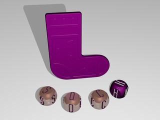 3D illustration of SOCK graphics and text around the icon made by metallic dice letters for the related meanings of the concept and presentations. christmas and background