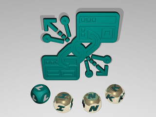 3D representation of link with icon on the wall and text arranged by metallic cubic letters on a mirror floor for concept meaning and slideshow presentation. illustration and background