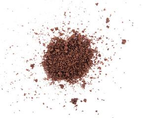 Heap of ground coffee on white. Top view.