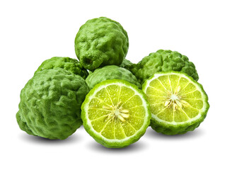 Fresh Bergamot fruits with cut in half and green leaf isolated on white background.