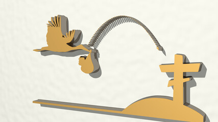 from cradle to grave on the wall. 3D illustration of metallic sculpture over a white background with mild texture. baby and child