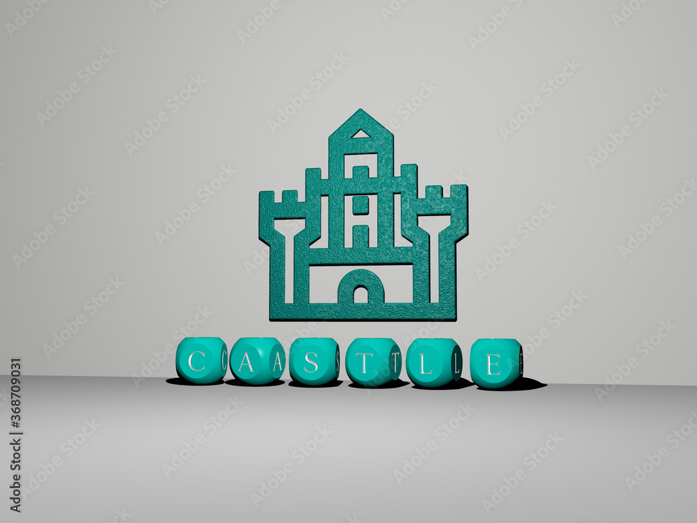 Poster 3d graphical image of castle vertically along with text built by metallic cubic letters from the top