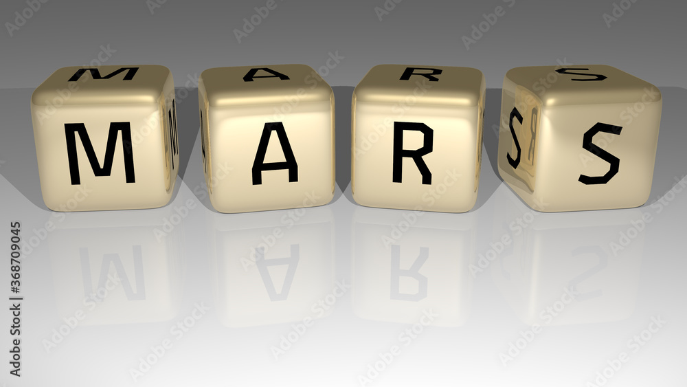 Poster 3d representation of mars with icon on the wall and text arranged by metallic cubic letters on a mir