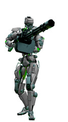 mechanical soldier holding a huge machine gun