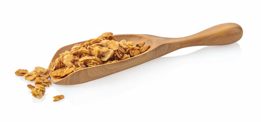 corn flakes in spoon wood isolated on white background