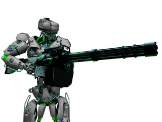 mechanical soldier holding a machine gun