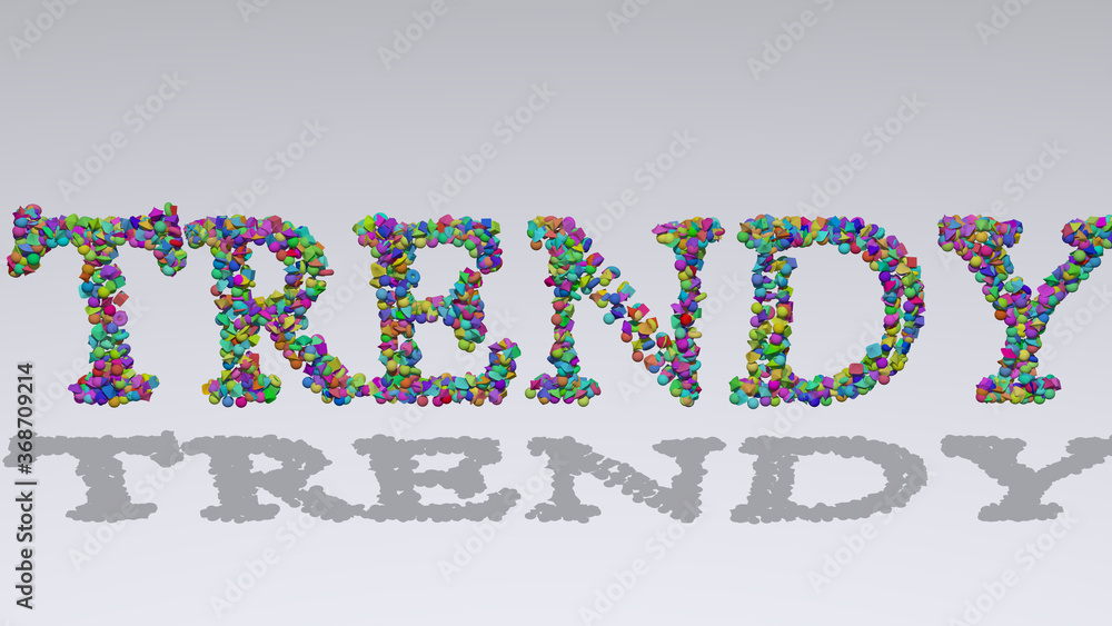 Poster colorful 3d writting of trendy text with small objects over a white background and matching shadow. 