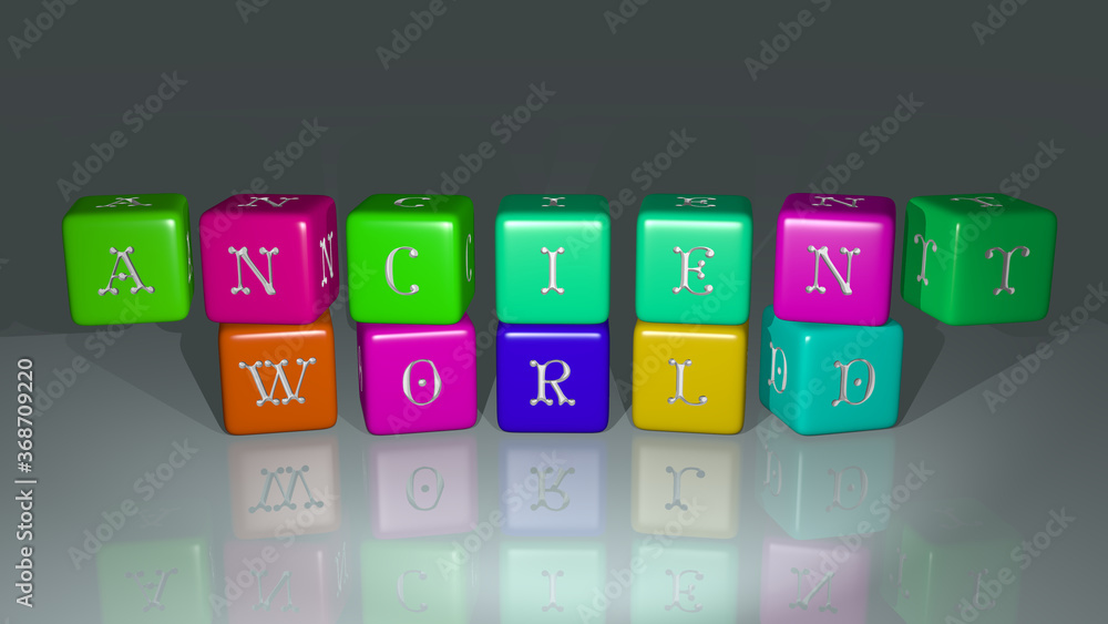 Poster ancient world arranged by cubic letters on a mirror floor, ideal for concept meaning and presentatio