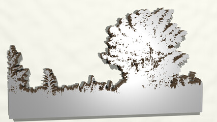 trees on the wall. 3D illustration of metallic sculpture over a white background with mild texture. beautiful and forest