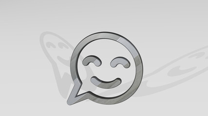 messages bubble smile casting shadow with two lights. 3D illustration of metallic sculpture over a white background with mild texture. concept and communication