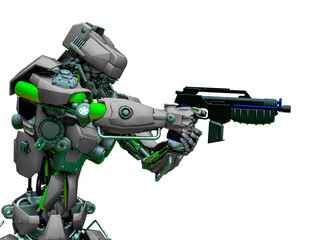 mechanical soldier aiming the pistol close up