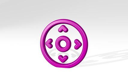 CURSOR MOVE DIRECTION made by 3D illustration of a shiny metallic sculpture with the shadow on light background. icon and arrow