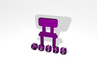 3D representation of chair with icon on the wall and text arranged by metallic cubic letters on a mirror floor for concept meaning and slideshow presentation. illustration and background