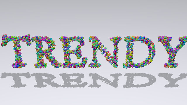Colorful 3D writting of trendy text with small objects over a white background and matching shadow. illustration and design