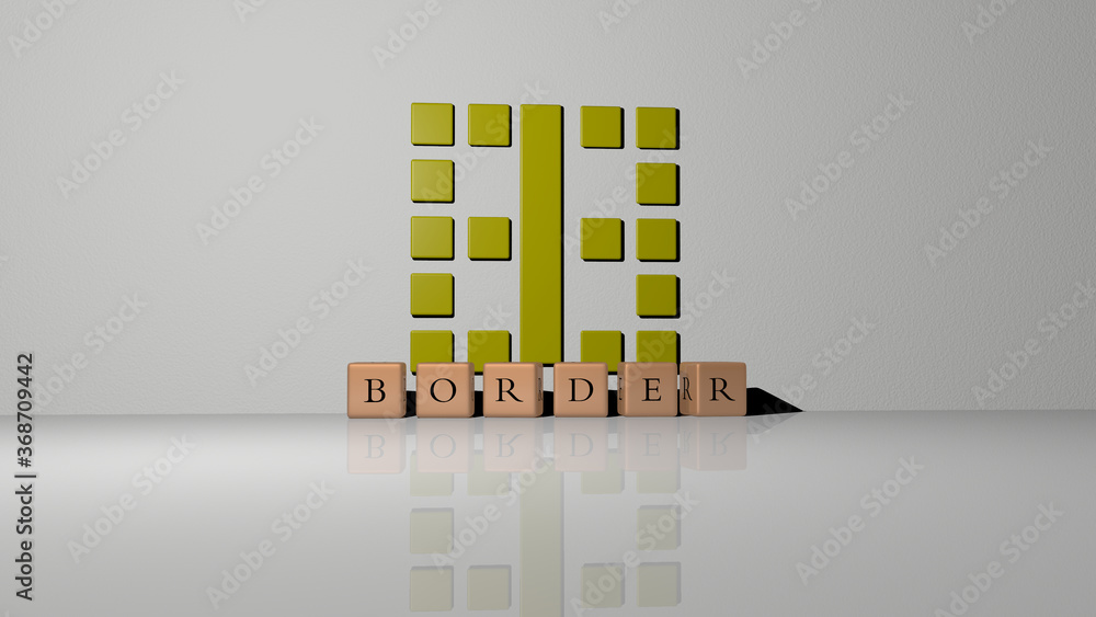 Poster 3d illustration of border graphics and text made by metallic dice letters for the related meanings o