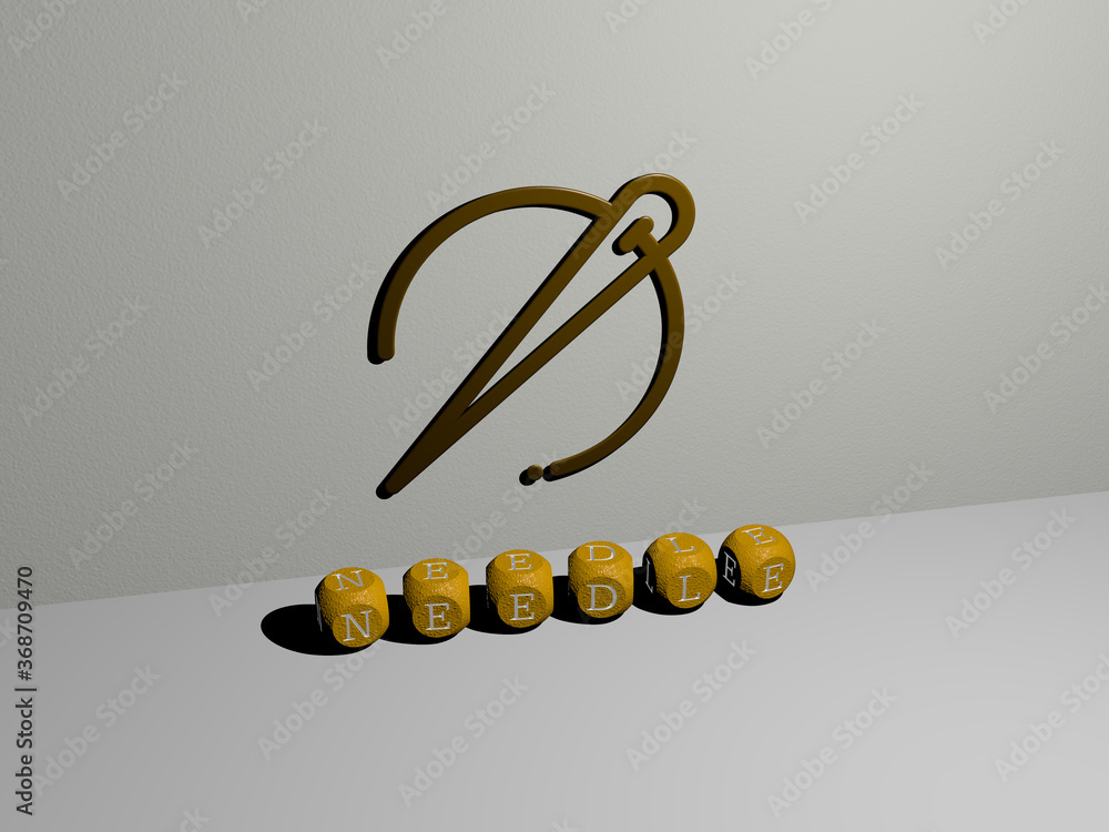Aufkleber 3d representation of needle with icon on the wall and text arranged by metallic cubic letters on a m