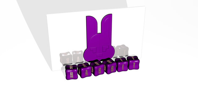 3D graphical image of RABBIT vertically along with text built by metallic cubic letters from the top perspective, excellent for the concept presentation and slideshows. illustration and bunny