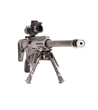 Front view of a Sniper rifle, shot in studio on a white background.