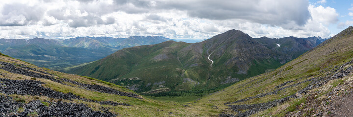 Panorama view of spectacular Tombstone Territorial Park located in Northern Canada, Yukon Territory during the summertime. 