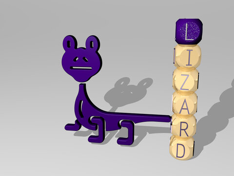 3D representation of lizard with icon on the wall and text arranged by metallic cubic letters on a mirror floor for concept meaning and slideshow presentation. animal and background