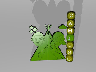 3D representation of CAMPING with icon on the wall and text arranged by metallic cubic letters on a mirror floor for concept meaning and slideshow presentation. adventure and illustration