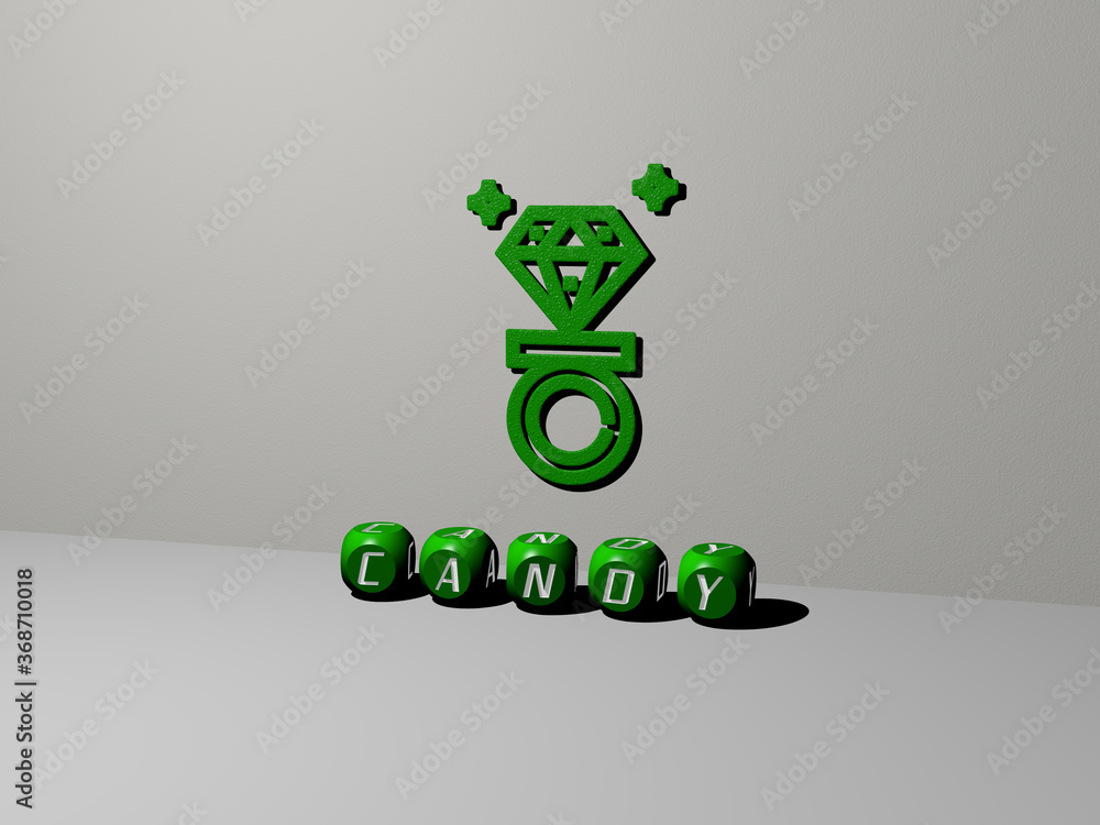 Aufkleber 3d graphical image of candy vertically along with text built by metallic cubic letters from the top 