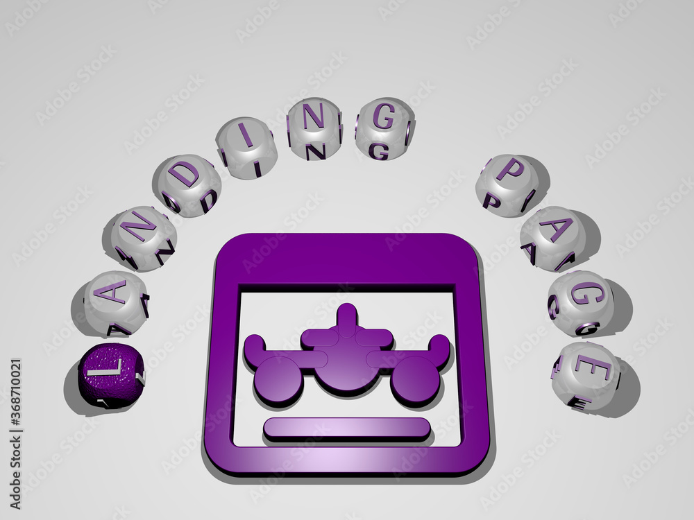 Poster 3d illustration of landing page graphics and text around the icon made by metallic dice letters for 