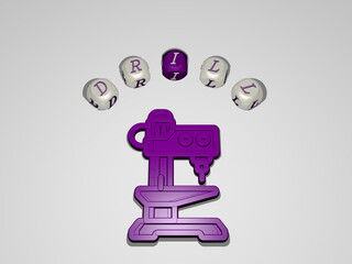 3D graphical image of DRILL vertically along with text built around the icon by metallic cubic letters from the top perspective, excellent for the concept presentation and slideshows. construction