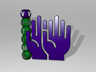 3D representation of VOTING with icon on the wall and text arranged by metallic cubic letters on a mirror floor for concept meaning and slideshow presentation. illustration and election