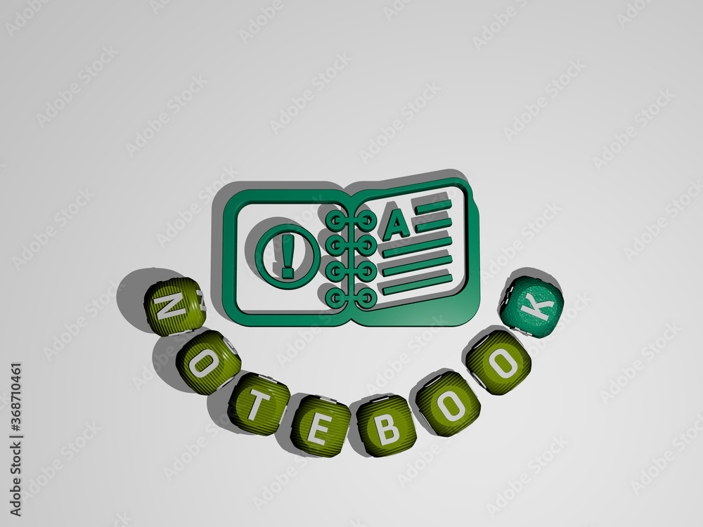 Fototapete 3d illustration of notebook graphics and text around the icon made by metallic dice letters for the 