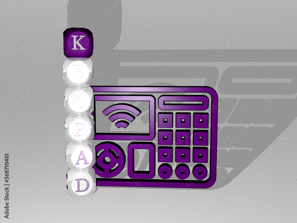 Poster 3d representation of keypad with icon on the wall and text arranged by metallic cubic letters on a m