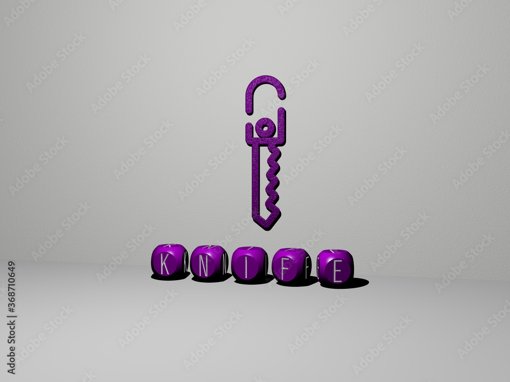 Poster 3d illustration of knife graphics and text made by metallic dice letters for the related meanings of