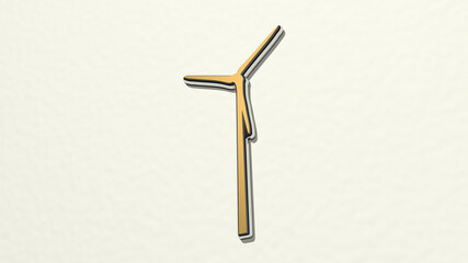 WIND TURBINE made by 3D illustration of a shiny metallic sculpture on a wall with light background. flag and waving