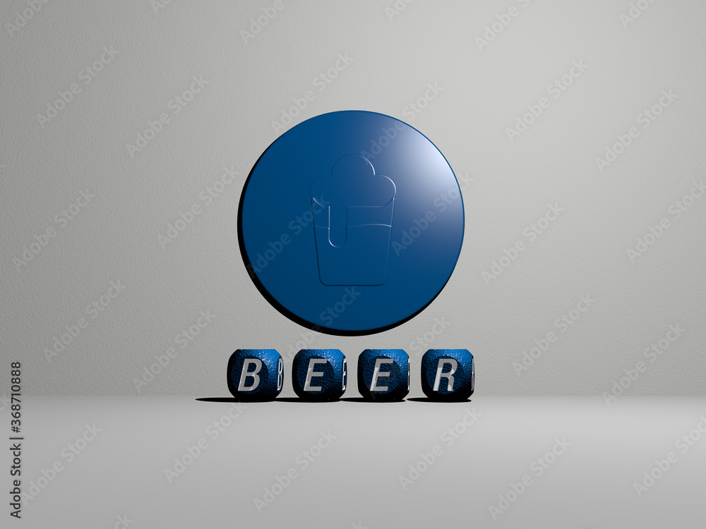 Poster 3d illustration of beer graphics and text made by metallic dice letters for the related meanings of 