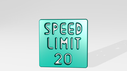 road sign speed limit from a perspective with the shadow. A thick sculpture made of metallic materials of 3D rendering. background and city