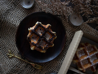 Belgian Waffles Flatlay on Wooden Table. Waffles Still Life, Dark Food Photography. 
