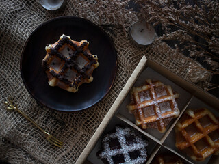 Belgian Waffles Flatlay on Wooden Table. Waffles Still Life, Dark Food Photography. 