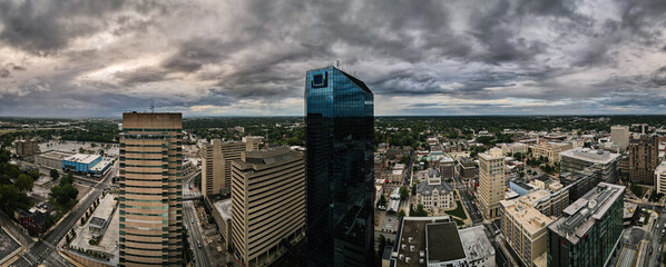 Aerial panoramic view of downtown Lexington, Kentucky with the blue glass business offices building...