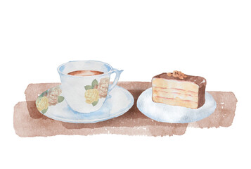 紅茶とケーキのセット　水彩画