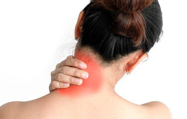 Fototapeta premium Women have neck pain, shoulder pain, at the park health concept.