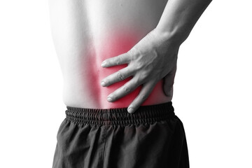 man's hand he is caught at the waist and her back is painful on isolated white background