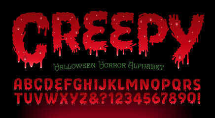 Vector Alphabet of Dripping Blood; Creepy Horror or Haunted House Font Lettering for Halloween.