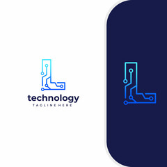 Letter L Technology, Line Dot Connection Logo