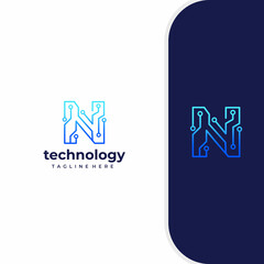 Letter N Technology, Line Dot Connection Logo