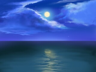 Fototapeta na wymiar shinng blue moon reflected on calm ocean
